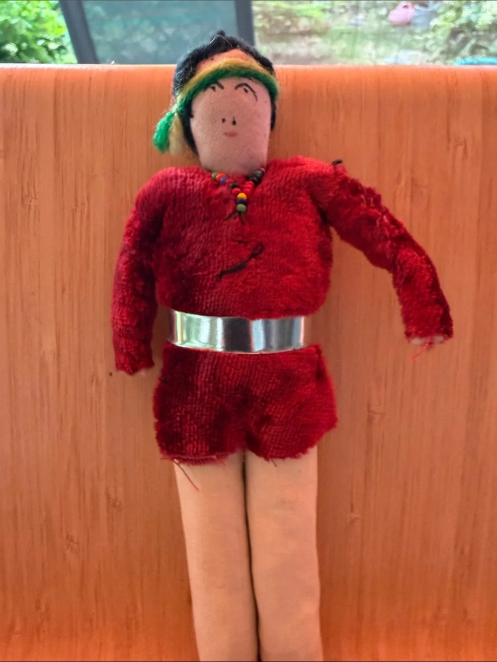 Handcrafted Red Cloth Doll with Beaded Necklace
